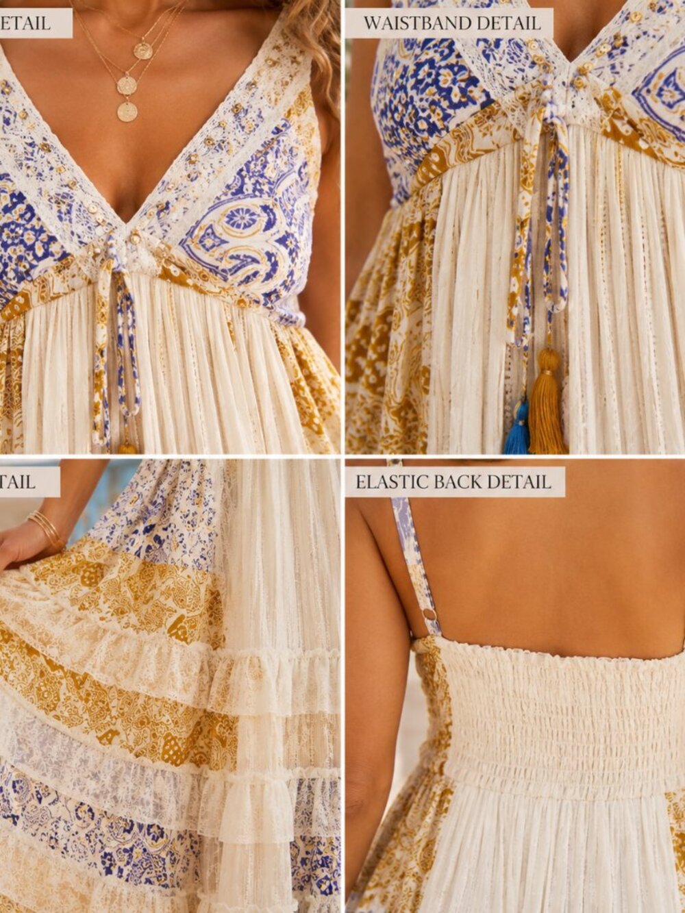 Boho Maxi Dress | Blue Gold Coastal Tiered Summer Resort Wear - Picture 3 of 3